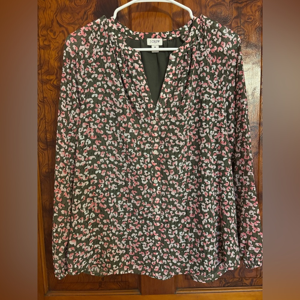 J. Crew Pink and Green Long Sleeve Relaxed Blouse